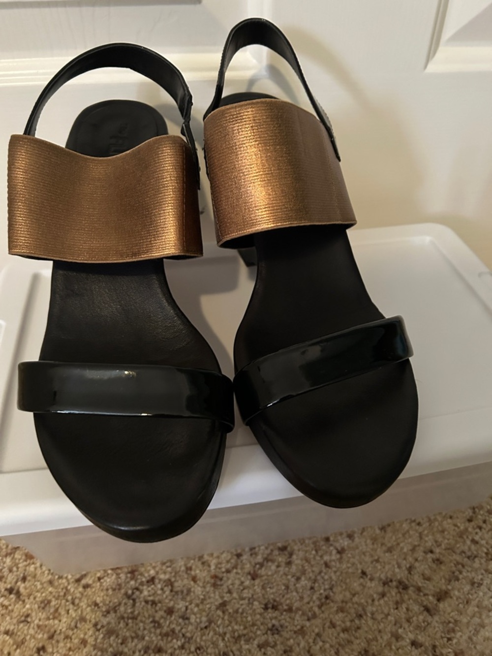 THE FLEXX Black and Bronze Wide Strap Slingback Sandals